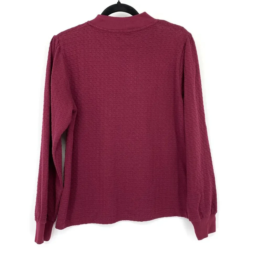 J.Crew Pointelle Mock Neck Puff Sleeve Tee Womens Size Medium Burgundy NEW
